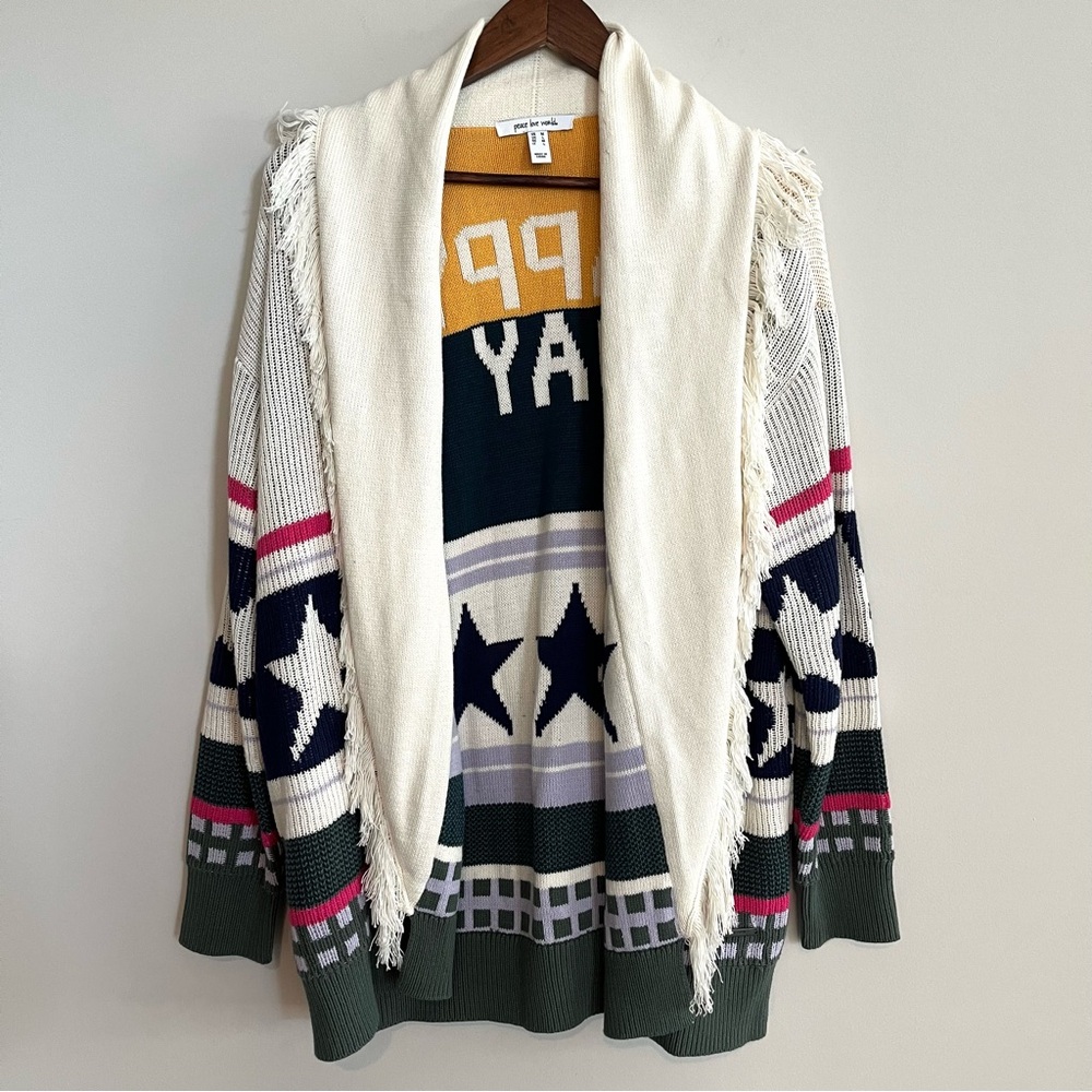 Peace Love World Happy Day Chunky Star Patterned Fringe Cardigan Size Pockets M